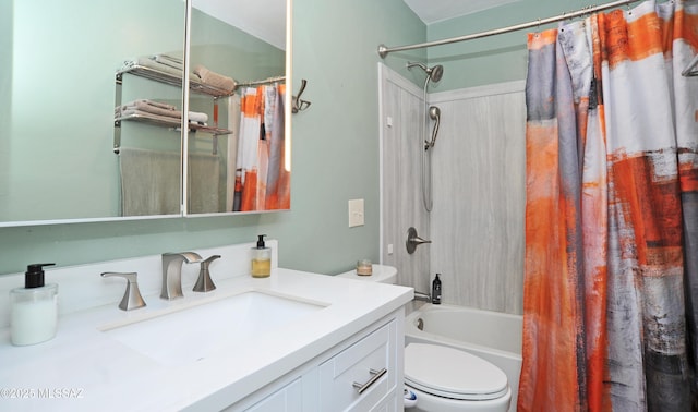 full bathroom with vanity, toilet, and shower / bathtub combination with curtain