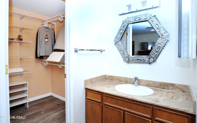 bathroom featuring vanity and wood-type flooring