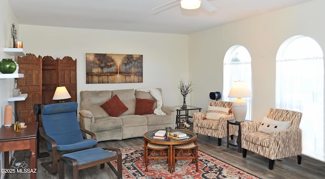 living room featuring ceiling fan and hardwood / wood-style floors