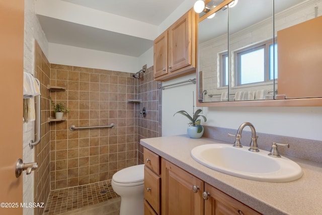 bathroom with vanity, a tile shower, and toilet