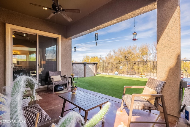 13774 N High Mountain View Pl, Tucson, AZ 85739 - fenced backyard with ceiling fan and a patio
