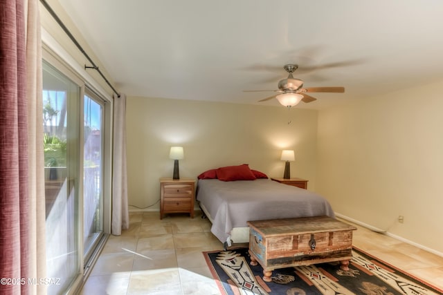 bedroom with ceiling fan and light tile patterned floors