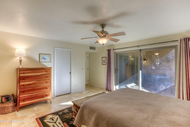 bedroom featuring light tile patterned flooring, access to outside, and ceiling fan