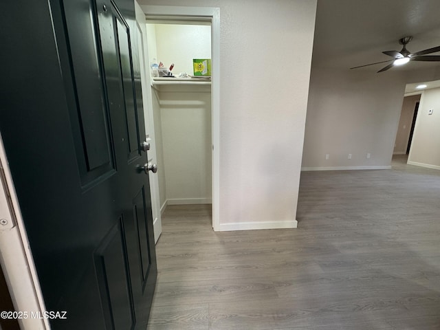 interior space with ceiling fan and light hardwood / wood-style floors