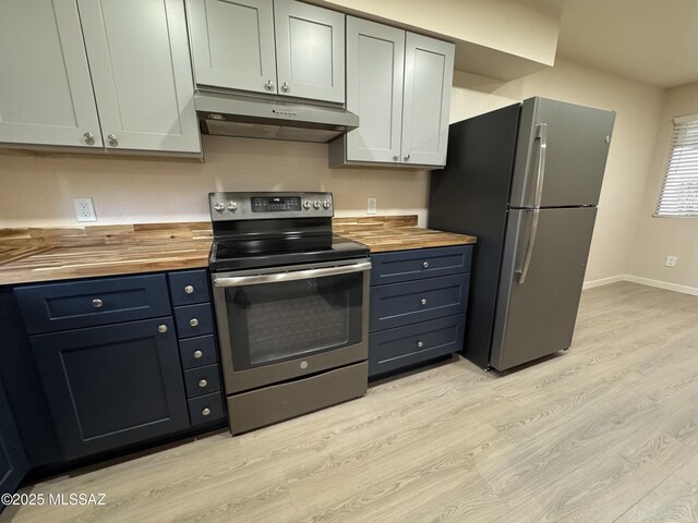 kitchen featuring appliances with stainless steel finishes, butcher block counters, gray cabinetry, sink, and light hardwood / wood-style flooring