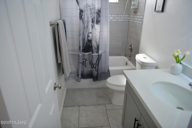 full bathroom featuring vanity, tile patterned floors, shower / bath combination with curtain, and toilet