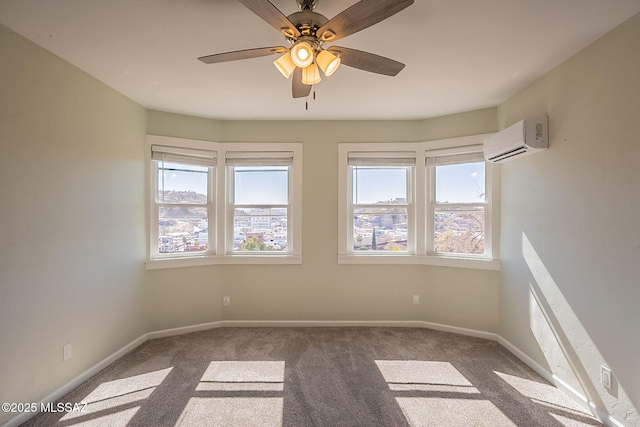 carpeted empty room with ceiling fan and a wall unit AC