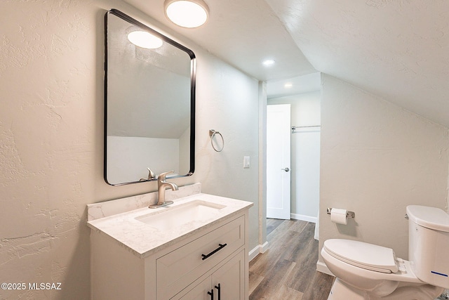 bathroom featuring lofted ceiling, vanity, wood-type flooring, and toilet