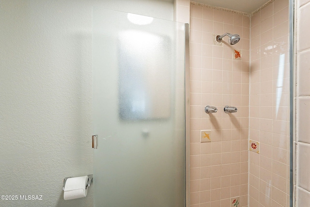 bathroom featuring a shower with shower door