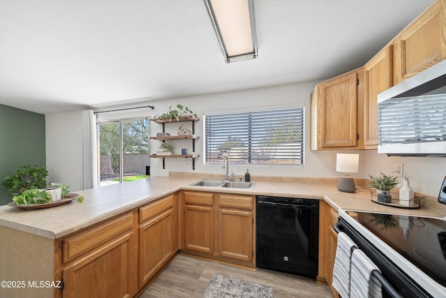 kitchen featuring range with electric stovetop, black dishwasher, sink, kitchen peninsula, and light hardwood / wood-style flooring