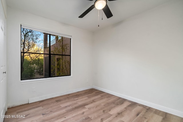 empty room with ceiling fan and light hardwood / wood-style floors