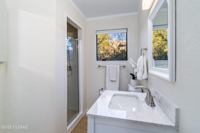 bathroom featuring vanity, crown molding, a shower with door, and a healthy amount of sunlight