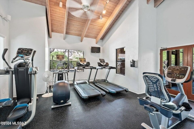 exercise room with high vaulted ceiling, wooden ceiling, and ceiling fan