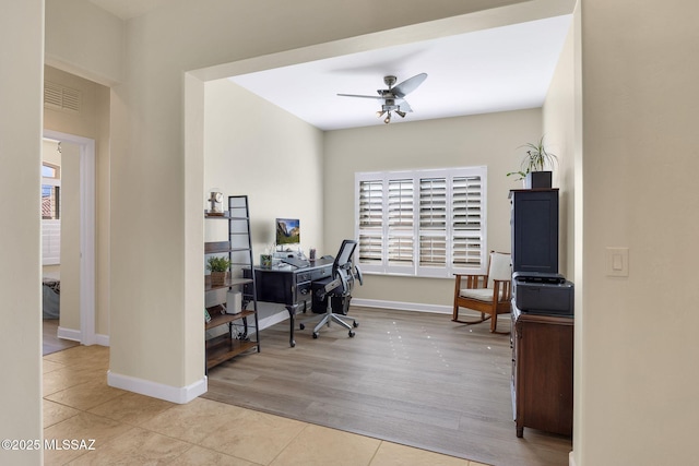 office featuring ceiling fan and light hardwood / wood-style flooring