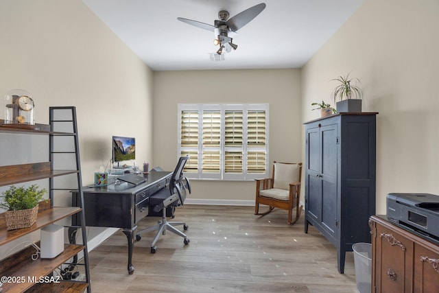 office featuring ceiling fan and light wood-type flooring