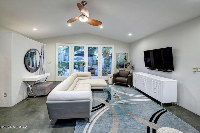 living room with ceiling fan and lofted ceiling