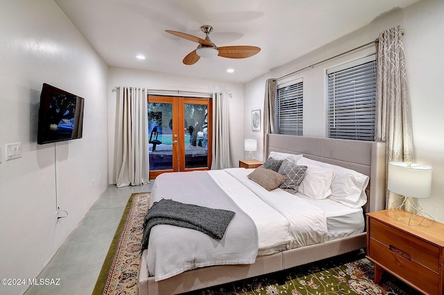 bedroom featuring access to exterior, ceiling fan, and french doors