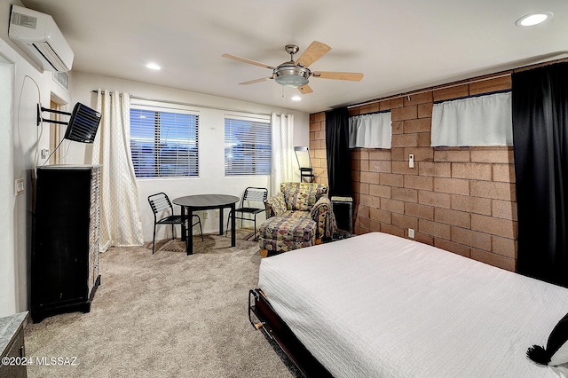 carpeted bedroom with an AC wall unit and ceiling fan