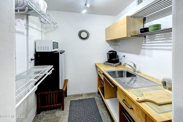 kitchen with sink and dark colored carpet