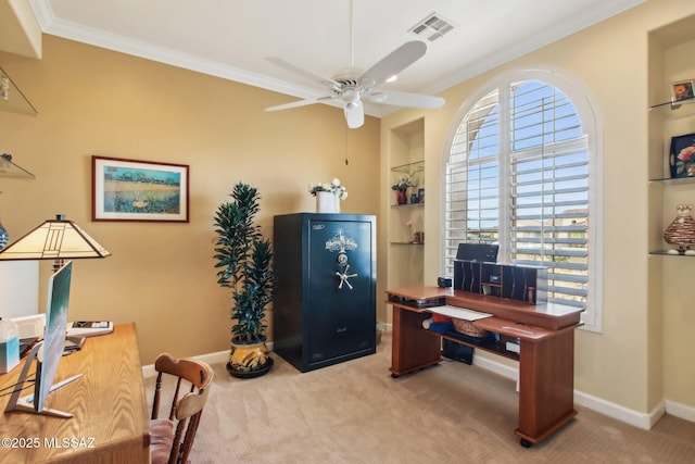 36239 S Cypress Dr, Saddlebrooke, AZ 85739 - office area with carpet floors, ornamental molding, visible vents, and built in features