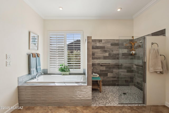 36239 S Cypress Dr, Saddlebrooke, AZ 85739 - full bath with a garden tub, ornamental molding, a walk in shower, and tile patterned floors