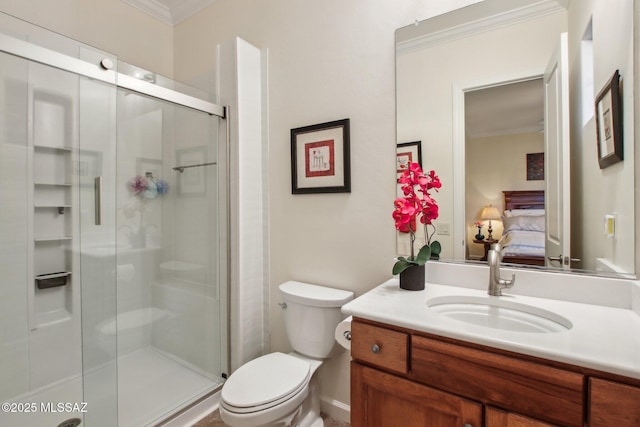 36239 S Cypress Dr, Saddlebrooke, AZ 85739 - full bathroom featuring a shower stall, connected bathroom, toilet, and crown molding