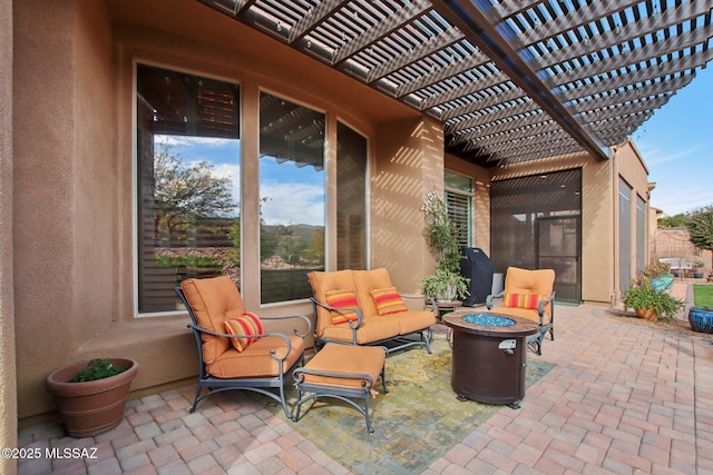 36239 S Cypress Dr, Saddlebrooke, AZ 85739 - view of patio / terrace with an outdoor living space with a fire pit and a pergola