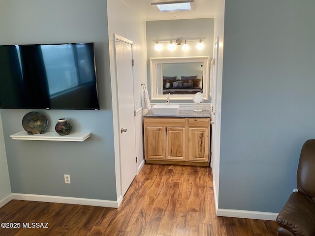 bathroom with wood-type flooring and vanity