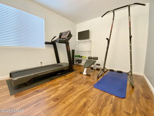 exercise area featuring hardwood / wood-style floors