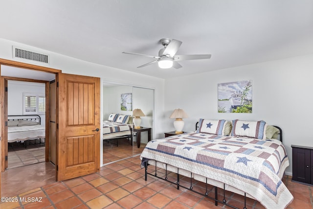 bedroom with ceiling fan and a closet