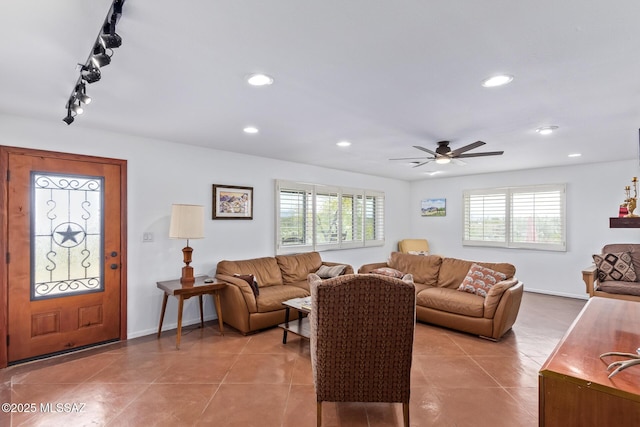 5485 N Blue Bonnet Rd, Tucson, AZ 85745 - living area featuring tile patterned flooring, ceiling fan, rail lighting, baseboards, and recessed lighting