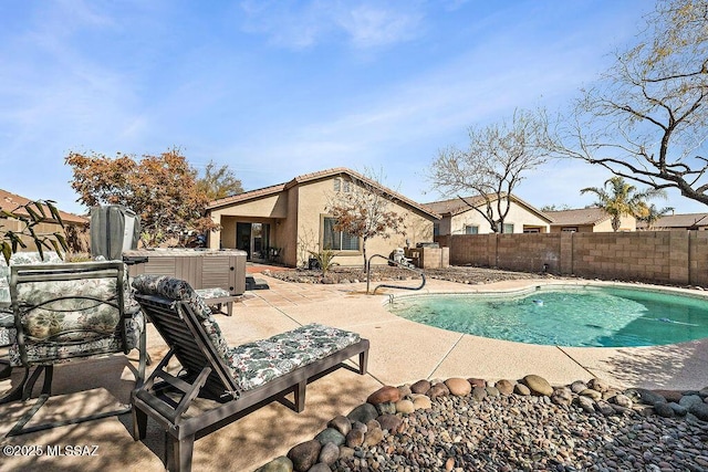view of pool with fence private yard, a fenced in pool, and a patio area