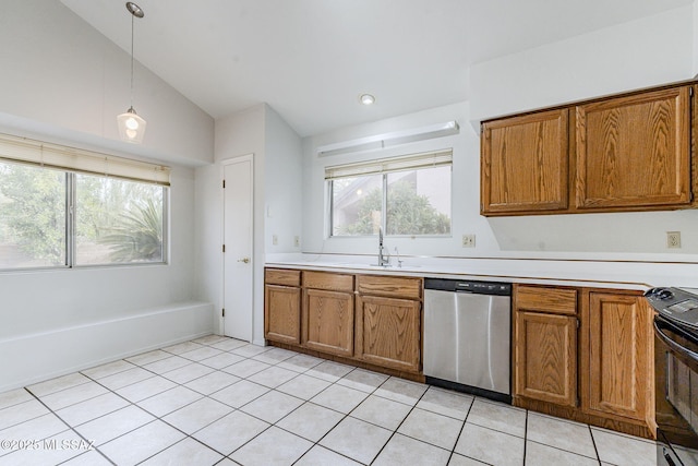 kitchen with pendant lighting, dishwasher, sink, light tile patterned floors, and black electric range