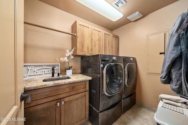 laundry area with sink, electric panel, cabinets, and independent washer and dryer