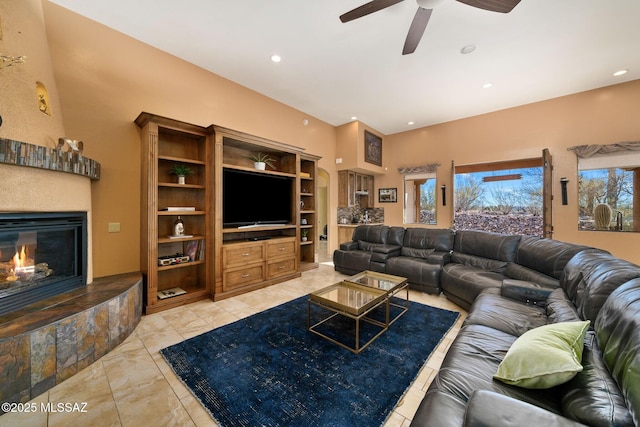 living room featuring ceiling fan