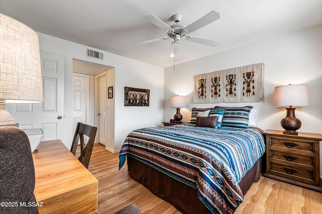 bedroom featuring ceiling fan and light hardwood / wood-style floors