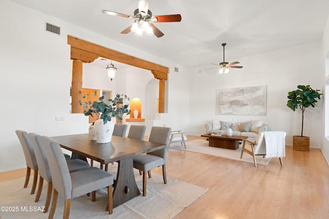 dining room featuring ceiling fan and light hardwood / wood-style floors