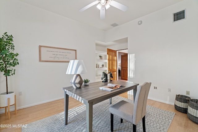 office featuring ceiling fan and light wood-type flooring