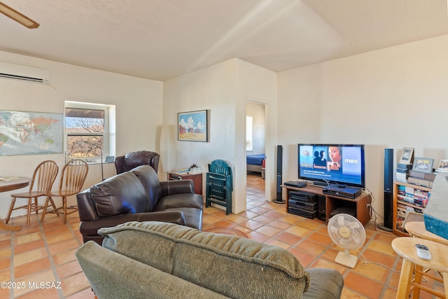 living room with light tile patterned floors and a wall unit AC