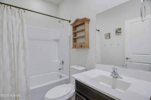 full bathroom with vanity, toilet, and shower / tub combo with curtain