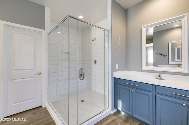 bathroom with a shower with door and vanity