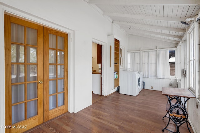 unfurnished sunroom with wood ceiling, washer and clothes dryer, lofted ceiling with beams, and french doors