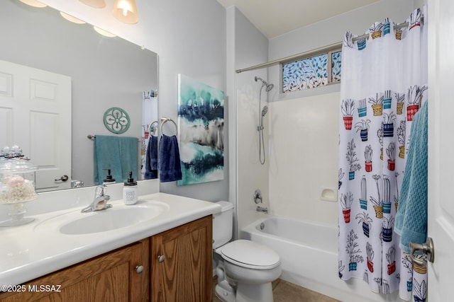 full bathroom featuring shower / bath combination with curtain, vanity, and toilet