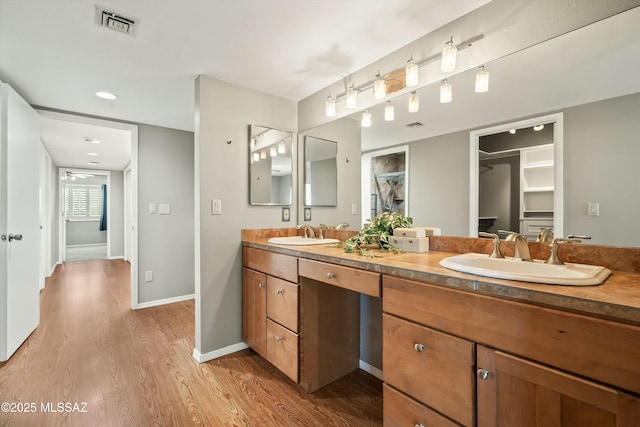 bathroom with hardwood / wood-style flooring and vanity