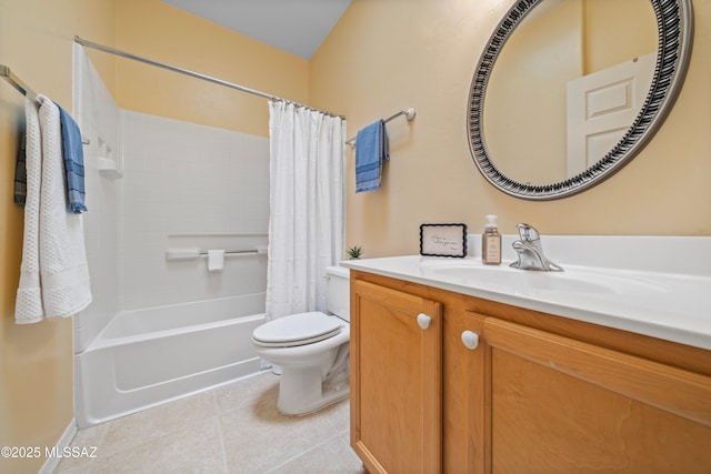 bathroom with toilet, shower / bath combo, vanity, and tile patterned floors