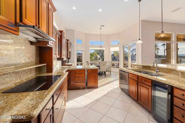 kitchen featuring decorative backsplash, a sink, wine cooler, black electric cooktop, and dishwasher