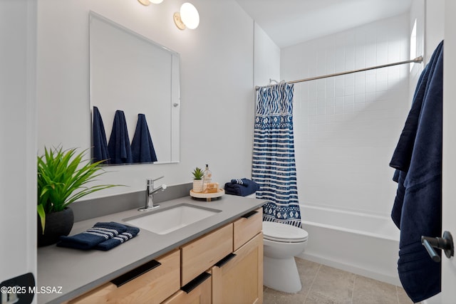 full bathroom with tile patterned flooring, vanity, shower / bath combination with curtain, and toilet