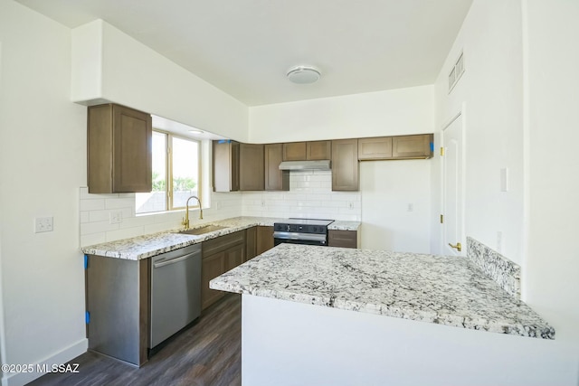 kitchen with sink, dark hardwood / wood-style floors, kitchen peninsula, stainless steel appliances, and decorative backsplash