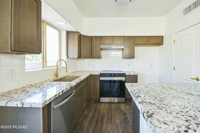 kitchen featuring sink, dark wood-type flooring, electric range, light stone counters, and stainless steel dishwasher