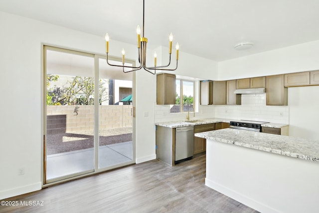 kitchen with decorative light fixtures, sink, decorative backsplash, stainless steel appliances, and light wood-type flooring